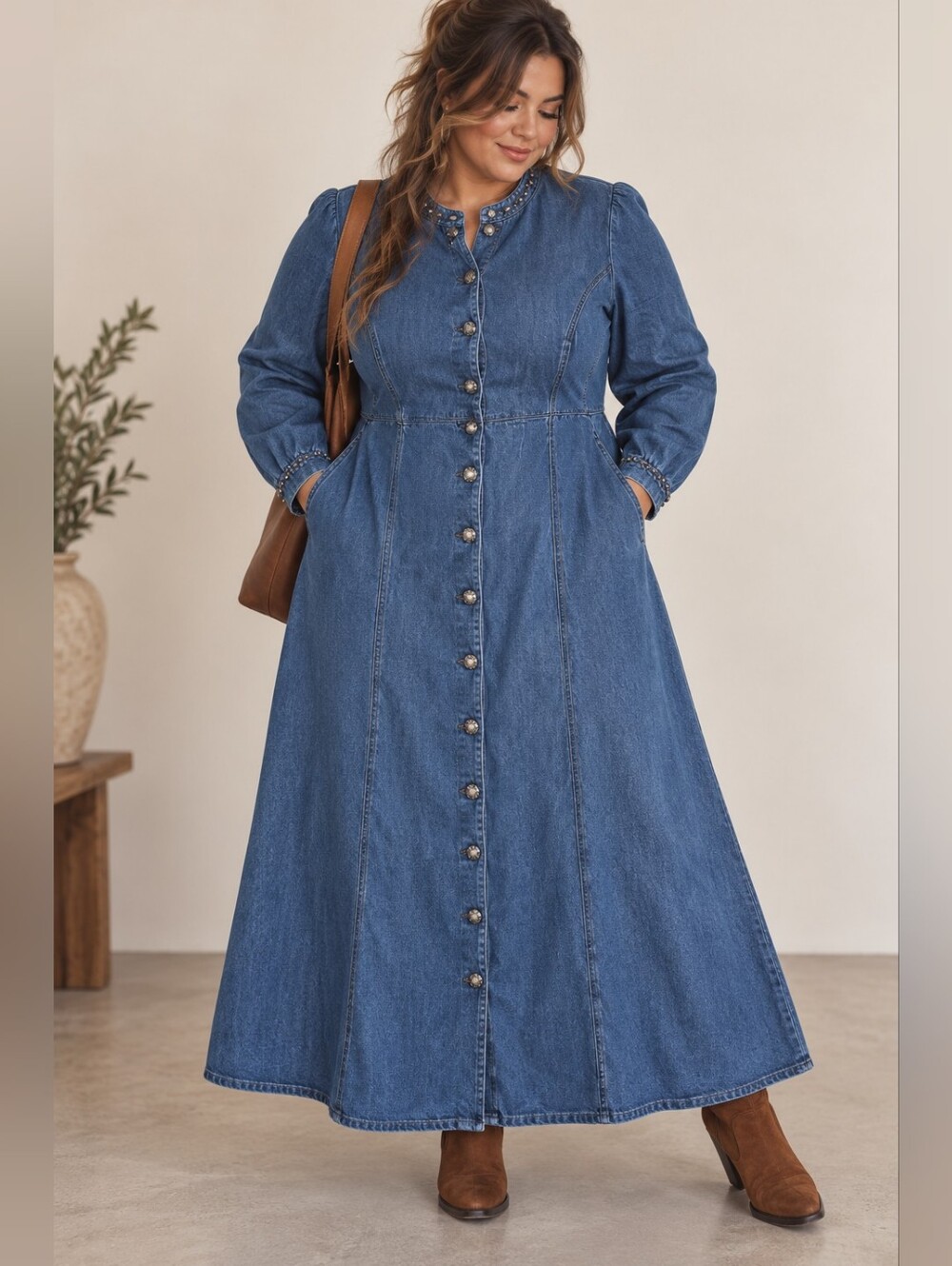 Vtg Stonebridge Denim Western Design Studded Button Down Jean Dress Sz 20